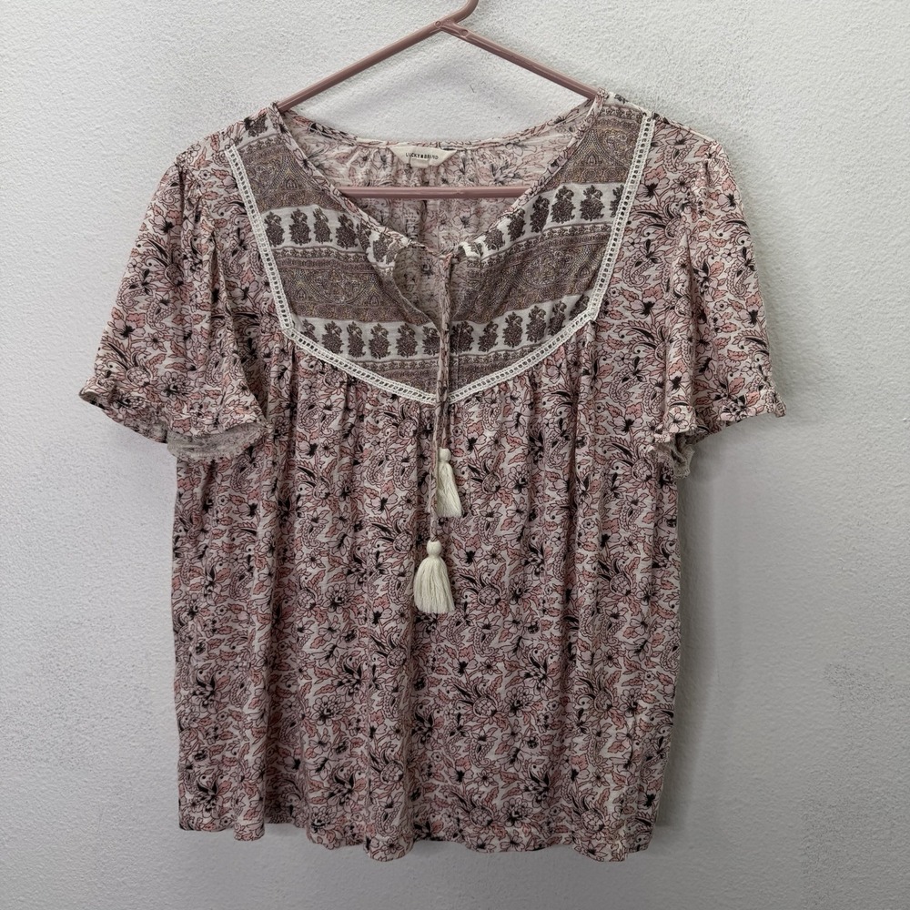 Lucky Brand Pink Floral Peasant Tassels Boho Top SZ L Cotton Blend Short Sleeve